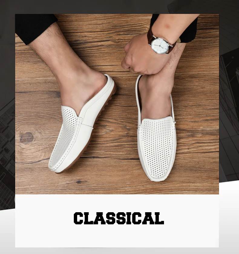 Italian Men Slippers Genuine Leather Loafers Moccasins Outdoor Non-slip Black Casual Slides Summer Spring Fashion Shoes 2020