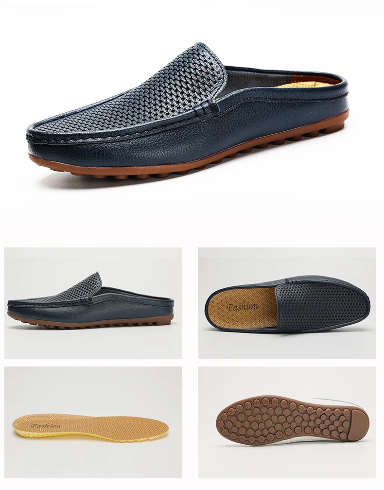 Italian Men Slippers Genuine Leather Loafers Moccasins Outdoor Non-slip Black Casual Slides Summer Spring Fashion Shoes 2020