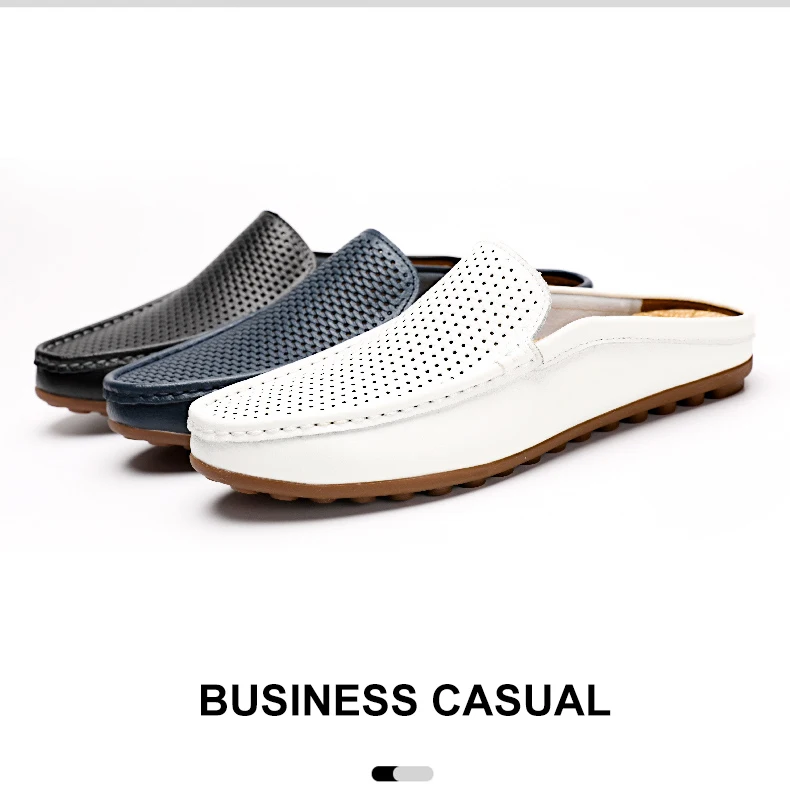 Italian Men Slippers Genuine Leather Loafers Moccasins Outdoor Non-slip Black Casual Slides Summer Spring Fashion Shoes 2020