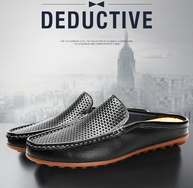 Italian Men Slippers Genuine Leather Loafers Moccasins Outdoor Non-slip Black Casual Slides Summer Spring Fashion Shoes 2020
