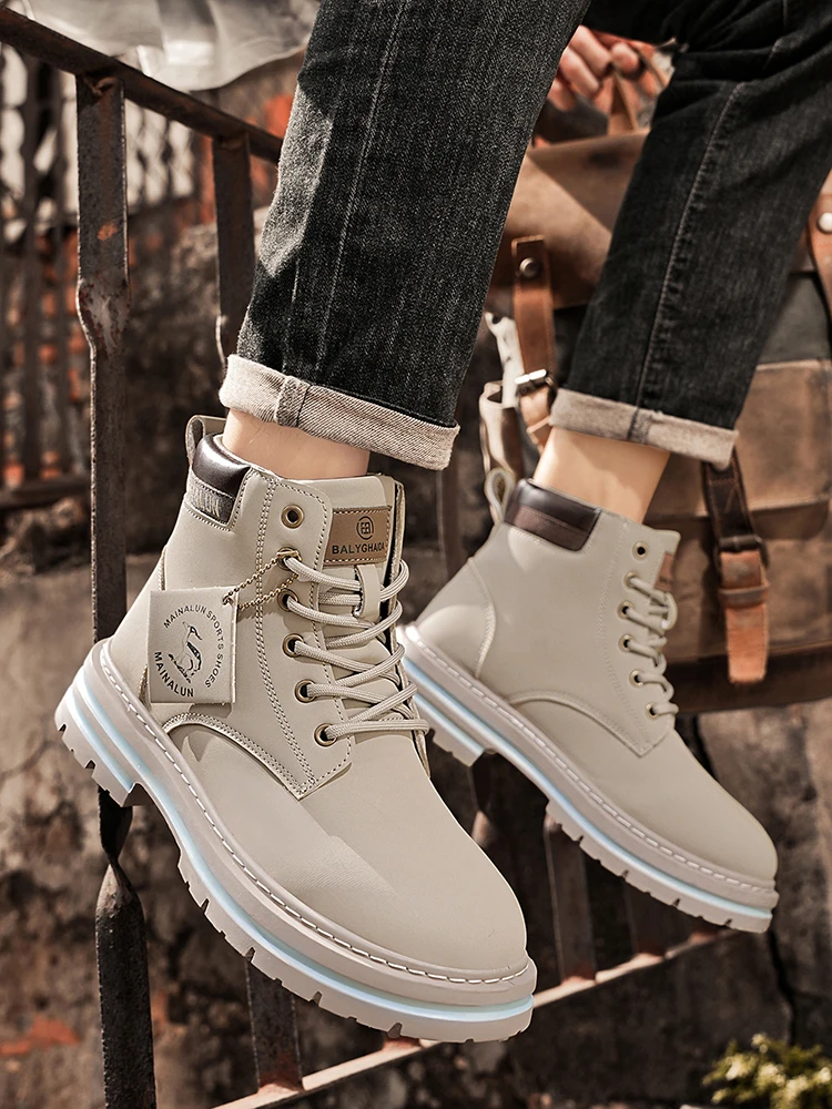 [Heavy-Duty Lace-Up Boots] 1-Pair High-Top Heavy-Duty Lace-Up Ankle Boots | All-Terrain PU/Fabric, Lugged PVC Sole | Al