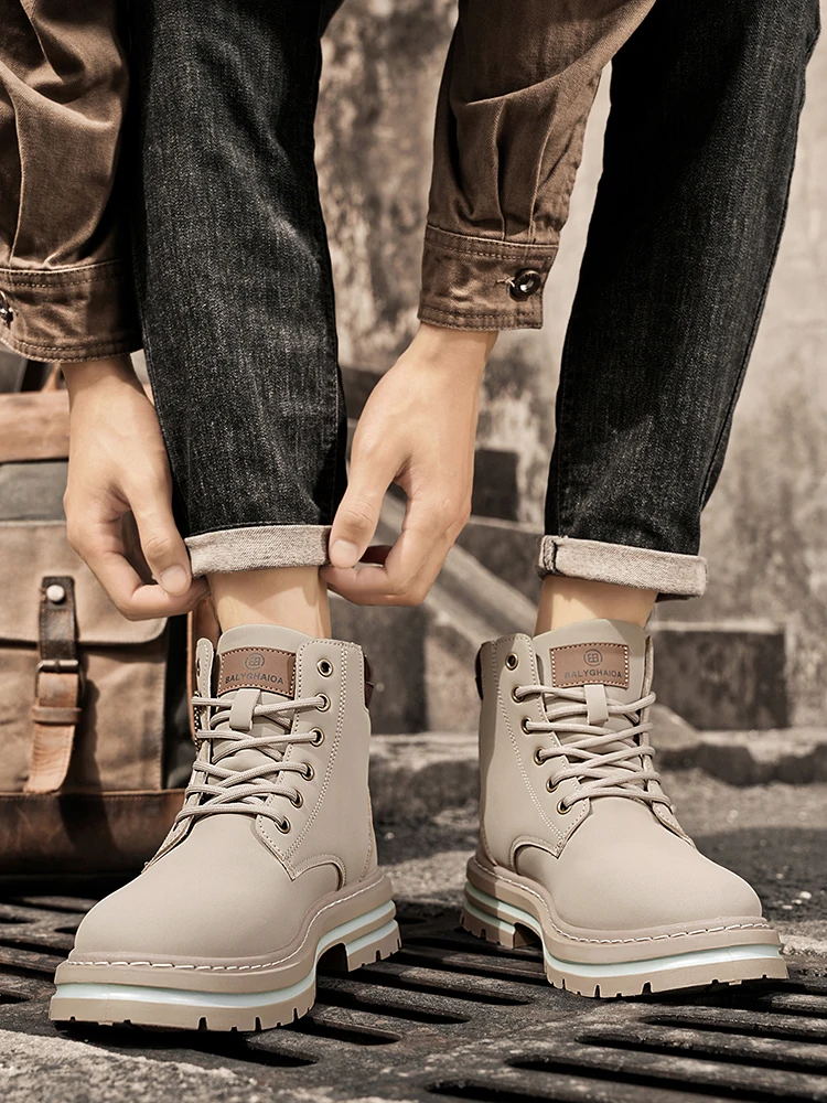 [Heavy-Duty Lace-Up Boots] 1-Pair High-Top Heavy-Duty Lace-Up Ankle Boots | All-Terrain PU/Fabric, Lugged PVC Sole | Al
