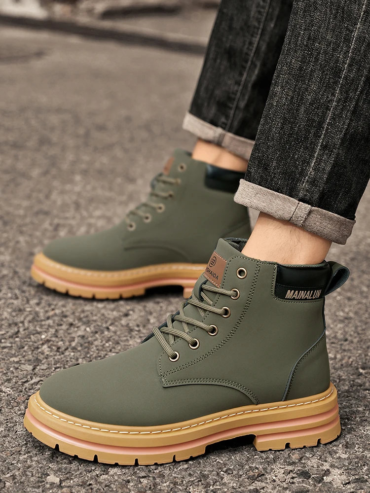 [Heavy-Duty Lace-Up Boots] 1-Pair High-Top Heavy-Duty Lace-Up Ankle Boots | All-Terrain PU/Fabric, Lugged PVC Sole | Al