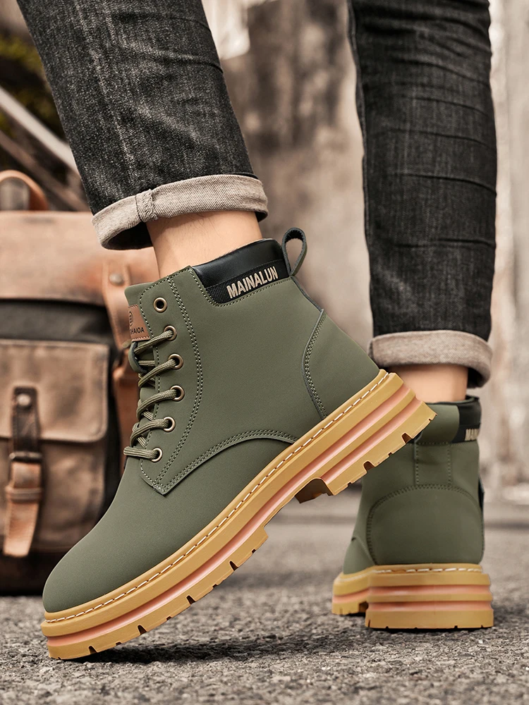 [Heavy-Duty Lace-Up Boots] 1-Pair High-Top Heavy-Duty Lace-Up Ankle Boots | All-Terrain PU/Fabric, Lugged PVC Sole | Al