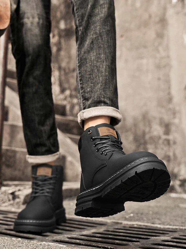 [Heavy-Duty Lace-Up Boots] 1-Pair High-Top Heavy-Duty Lace-Up Ankle Boots | All-Terrain PU/Fabric, Lugged PVC Sole | Al