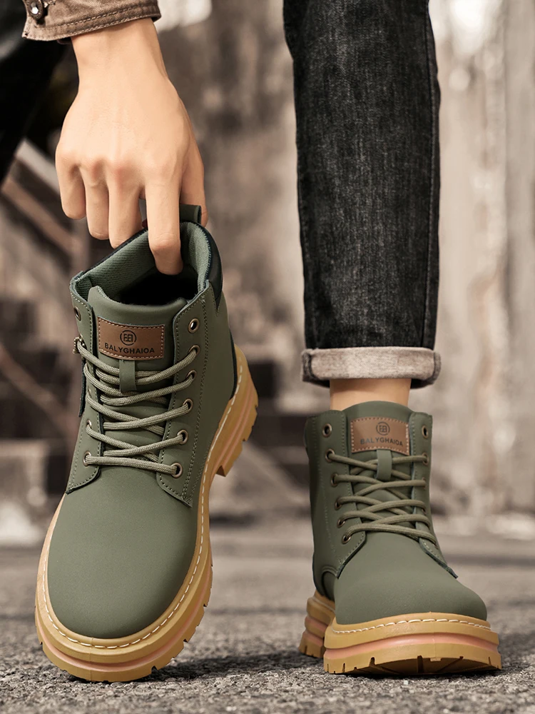 [Heavy-Duty Lace-Up Boots] 1-Pair High-Top Heavy-Duty Lace-Up Ankle Boots | All-Terrain PU/Fabric, Lugged PVC Sole | Al