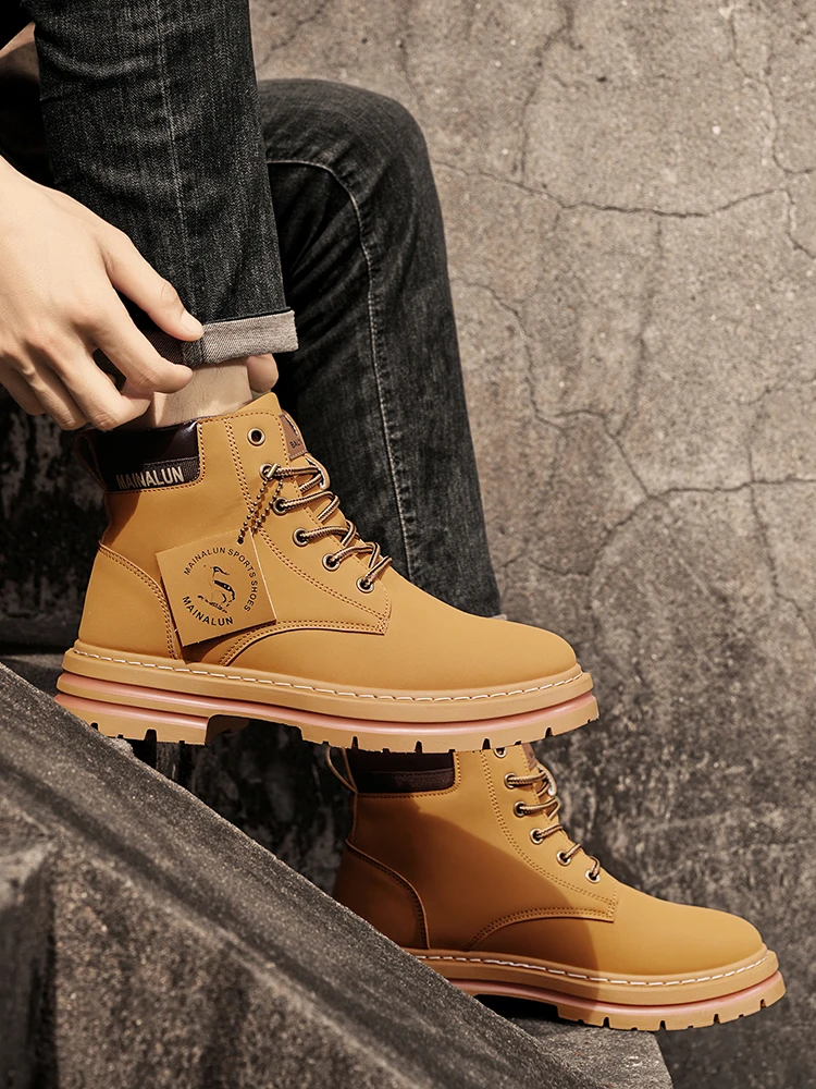 [Heavy-Duty Lace-Up Boots] 1-Pair High-Top Heavy-Duty Lace-Up Ankle Boots | All-Terrain PU/Fabric, Lugged PVC Sole | Al