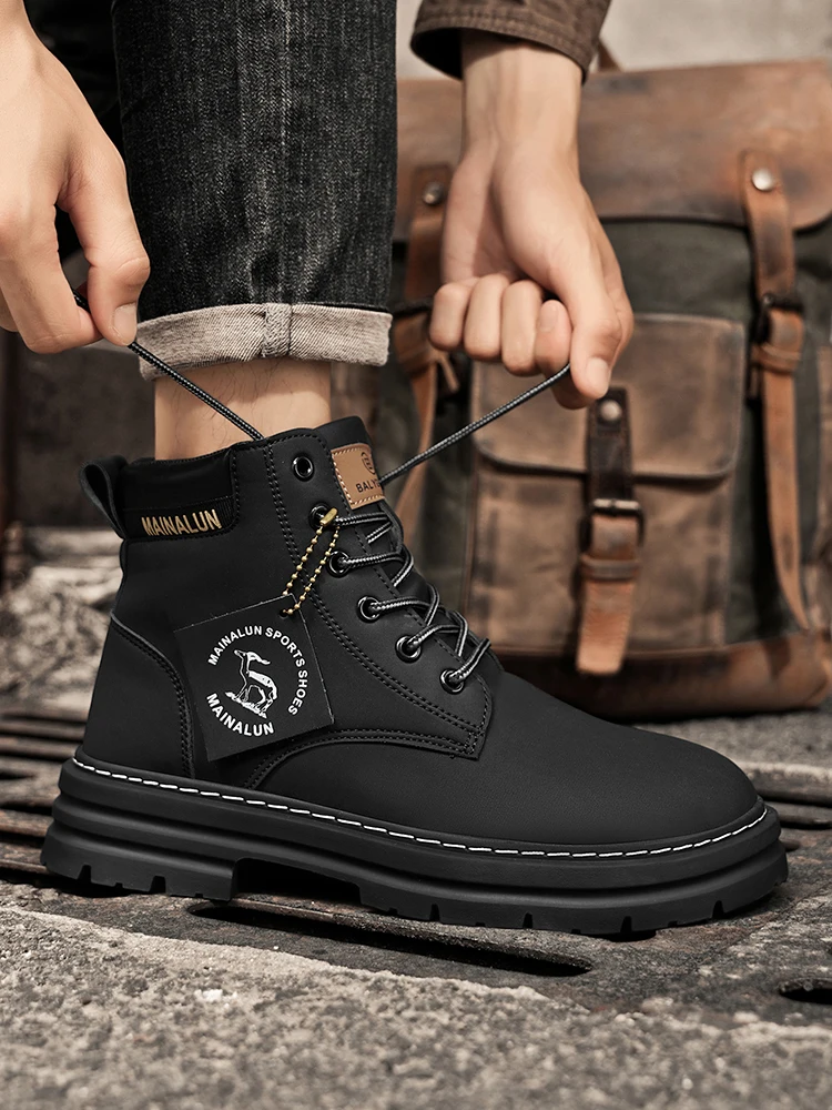 [Heavy-Duty Lace-Up Boots] 1-Pair High-Top Heavy-Duty Lace-Up Ankle Boots | All-Terrain PU/Fabric, Lugged PVC Sole | Al