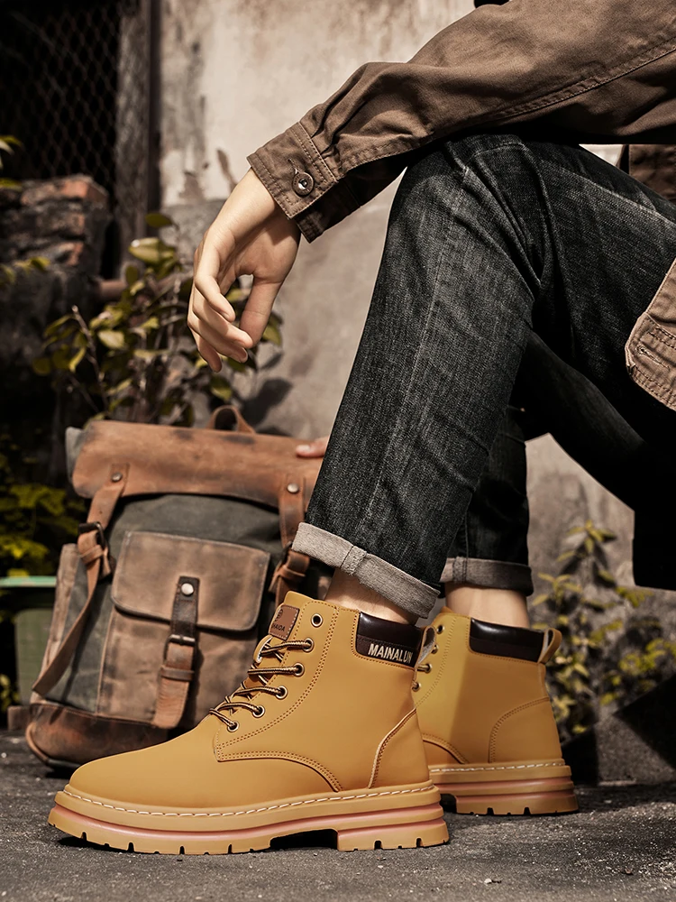 [Heavy-Duty Lace-Up Boots] 1-Pair High-Top Heavy-Duty Lace-Up Ankle Boots | All-Terrain PU/Fabric, Lugged PVC Sole | Al