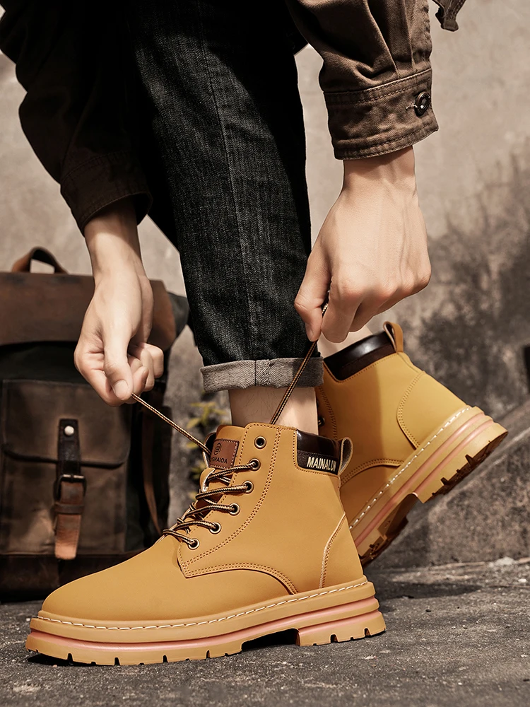 [Heavy-Duty Lace-Up Boots] 1-Pair High-Top Heavy-Duty Lace-Up Ankle Boots | All-Terrain PU/Fabric, Lugged PVC Sole | Al