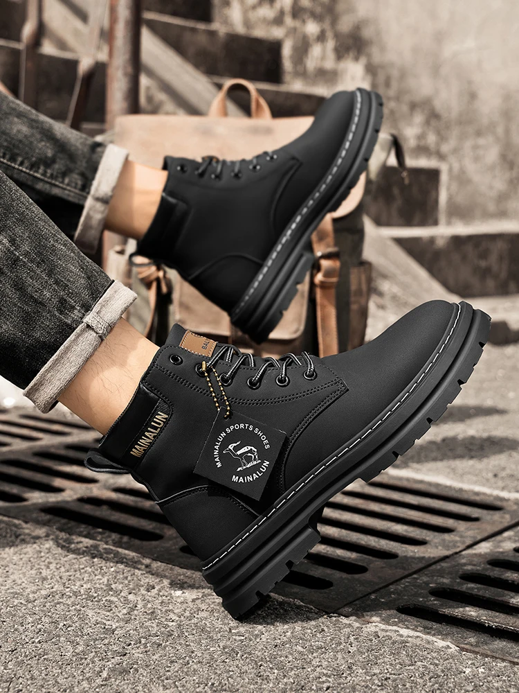 [Heavy-Duty Lace-Up Boots] 1-Pair High-Top Heavy-Duty Lace-Up Ankle Boots | All-Terrain PU/Fabric, Lugged PVC Sole | Al