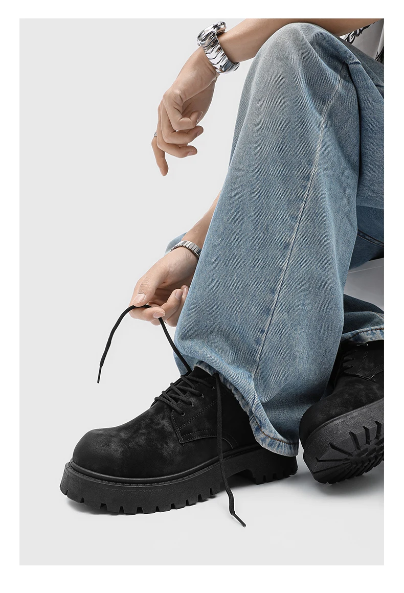 English-style Retro Platform High-top Derby Shoes for Men, Adding Height with American-style Workwear Leather Shoes