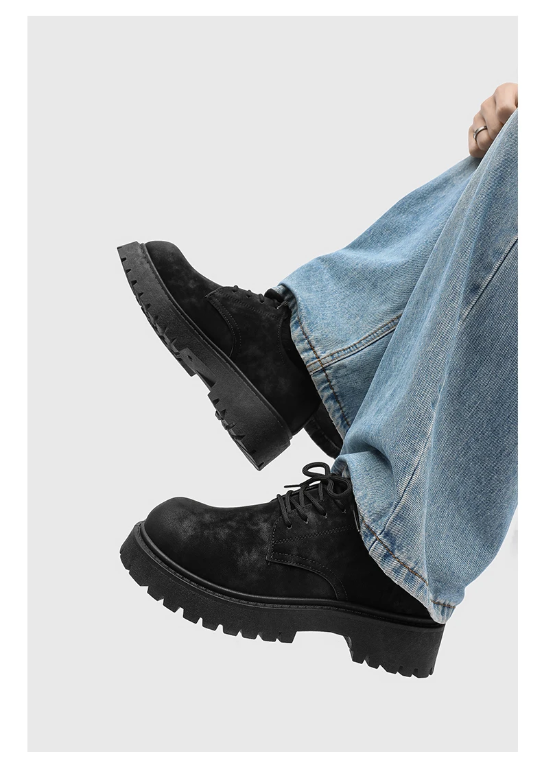 English-style Retro Platform High-top Derby Shoes for Men, Adding Height with American-style Workwear Leather Shoes