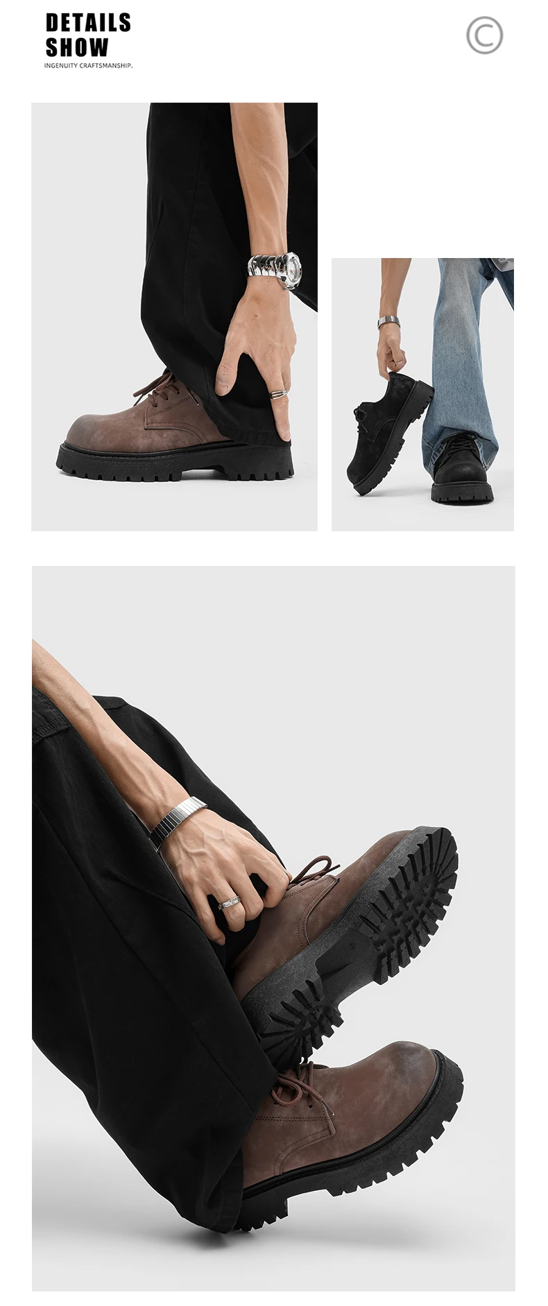 English-style Retro Platform High-top Derby Shoes for Men, Adding Height with American-style Workwear Leather Shoes