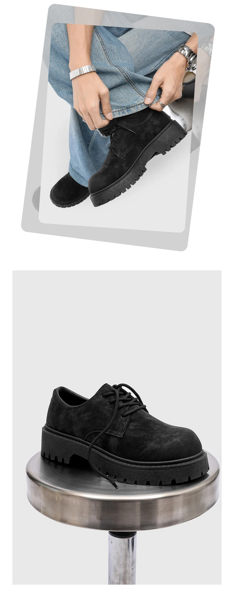 English-style Retro Platform High-top Derby Shoes for Men, Adding Height with American-style Workwear Leather Shoes