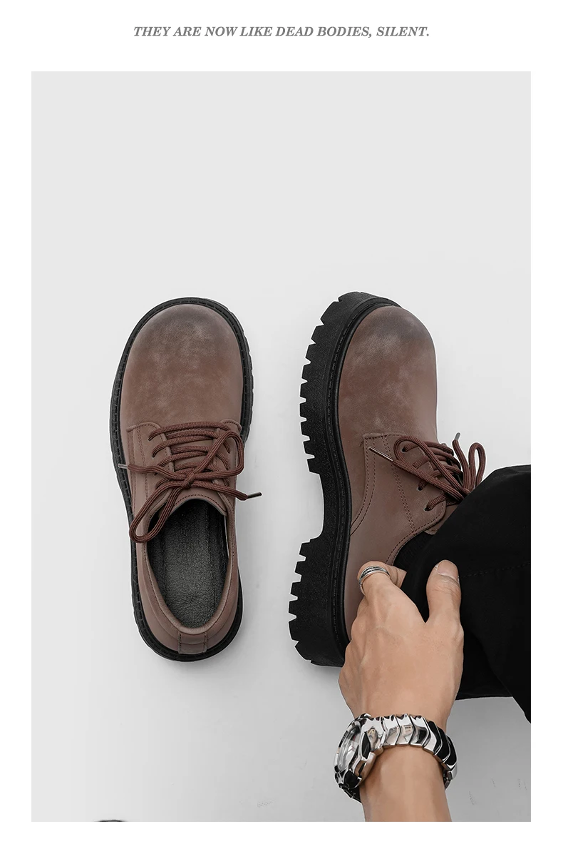 English-style Retro Platform High-top Derby Shoes for Men, Adding Height with American-style Workwear Leather Shoes