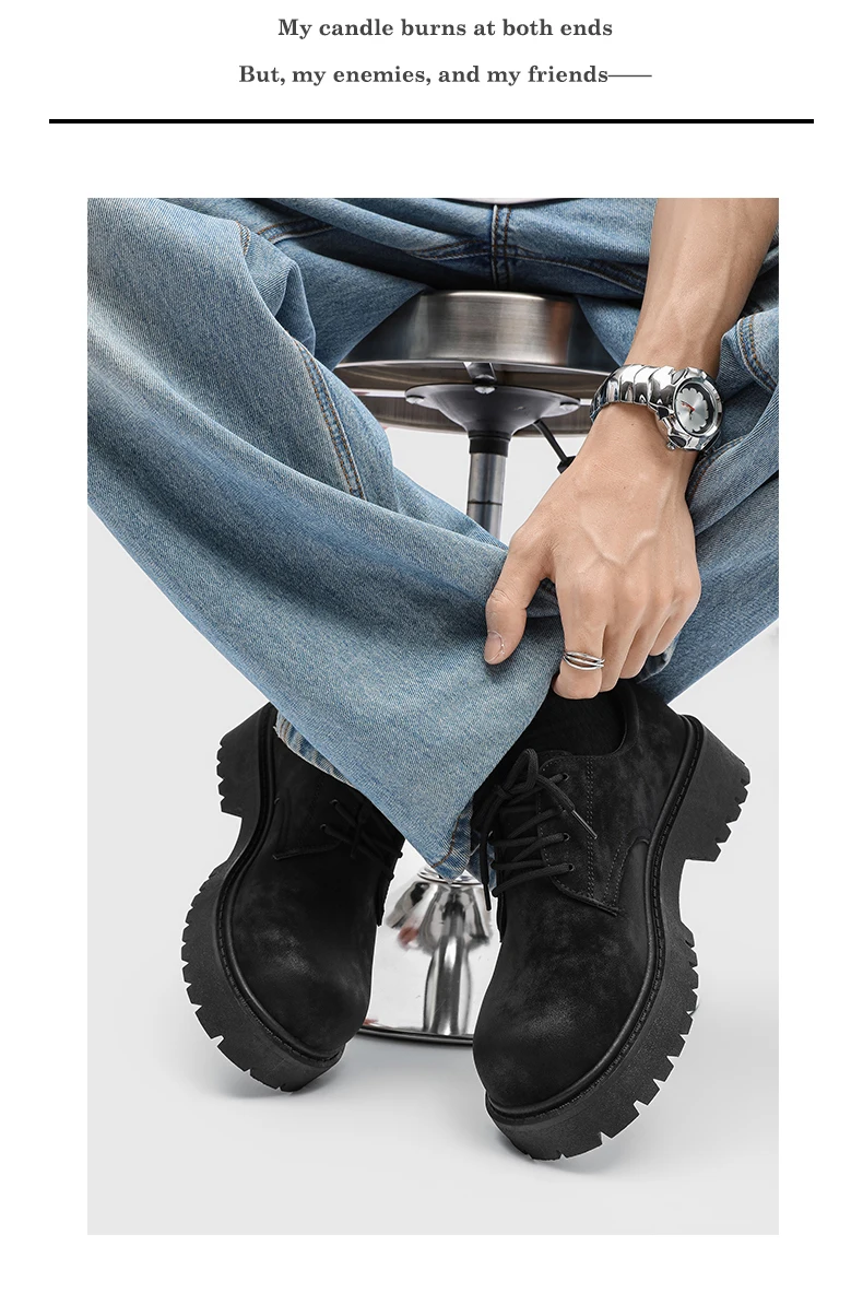 English-style Retro Platform High-top Derby Shoes for Men, Adding Height with American-style Workwear Leather Shoes