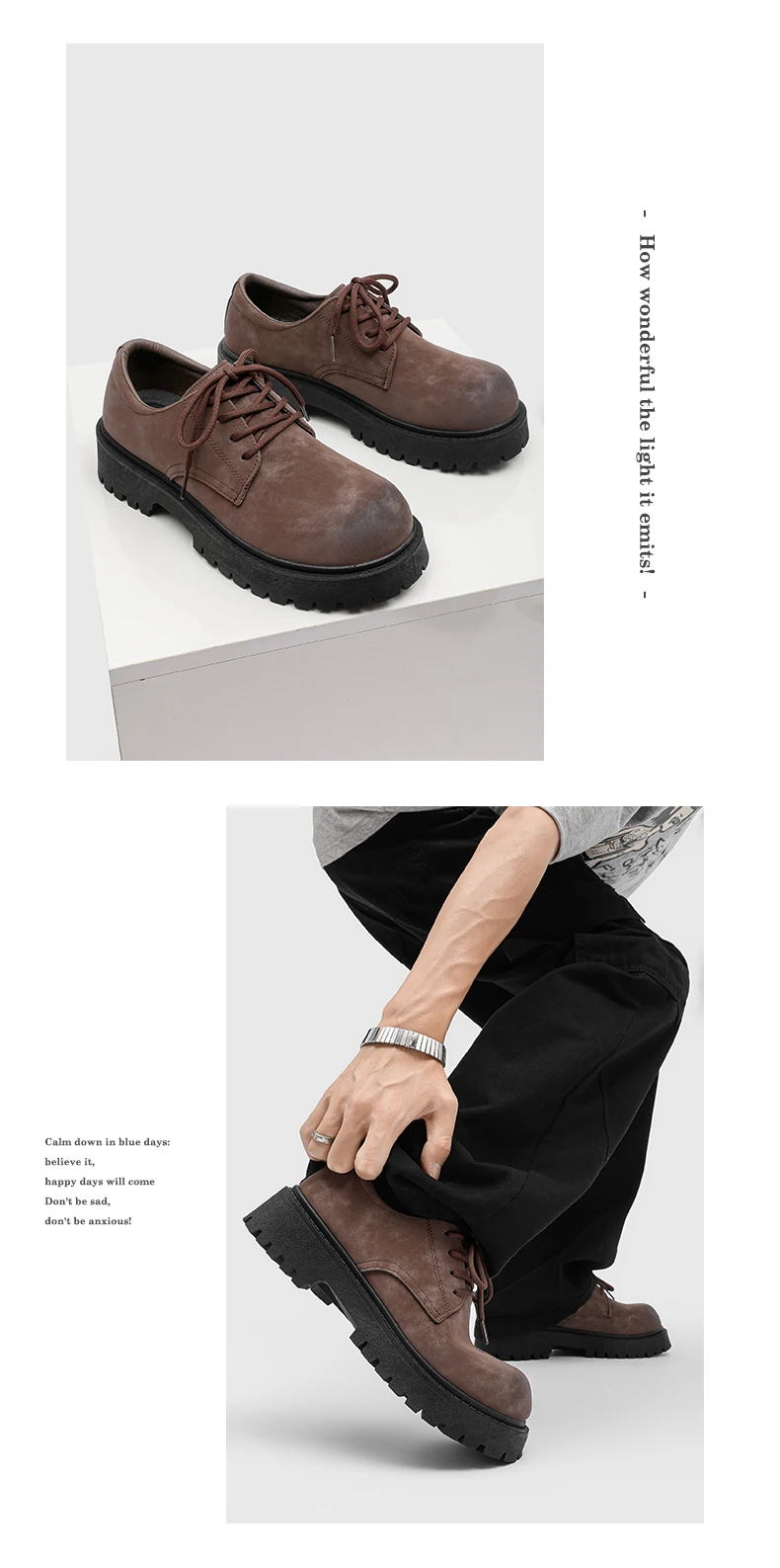 English-style Retro Platform High-top Derby Shoes for Men, Adding Height with American-style Workwear Leather Shoes