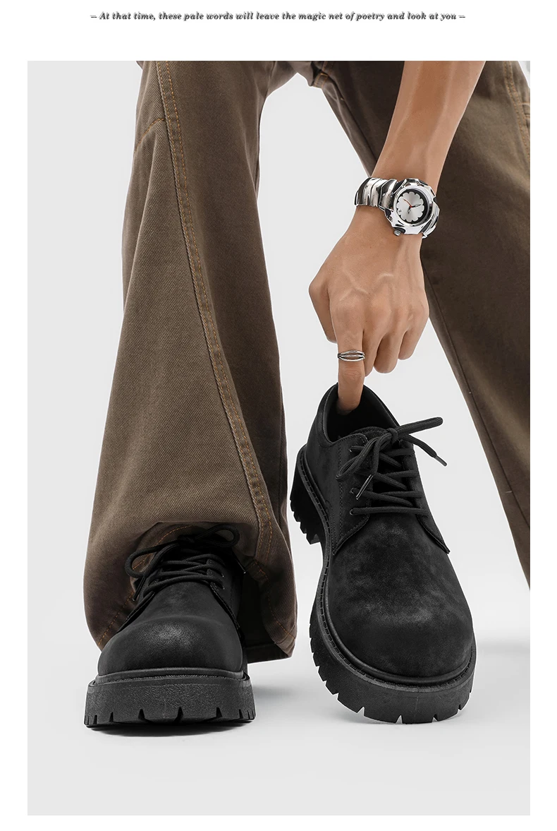 English-style Retro Platform High-top Derby Shoes for Men, Adding Height with American-style Workwear Leather Shoes