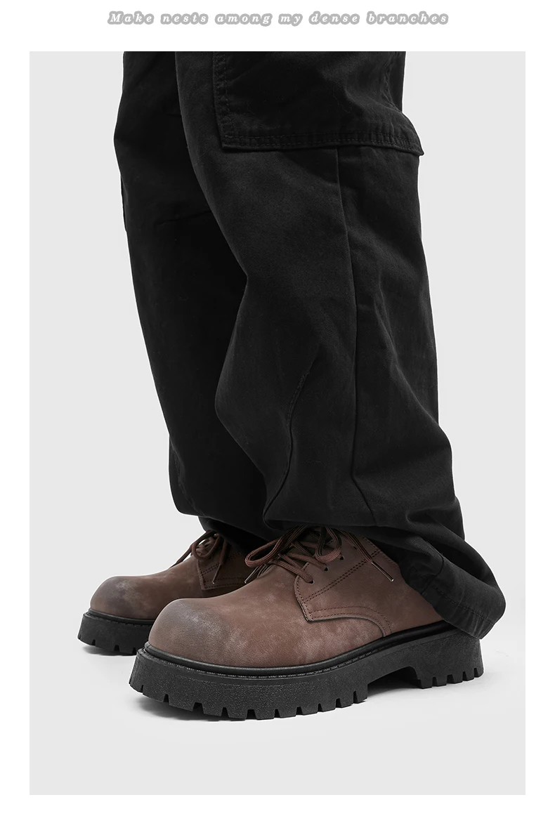 English-style Retro Platform High-top Derby Shoes for Men, Adding Height with American-style Workwear Leather Shoes