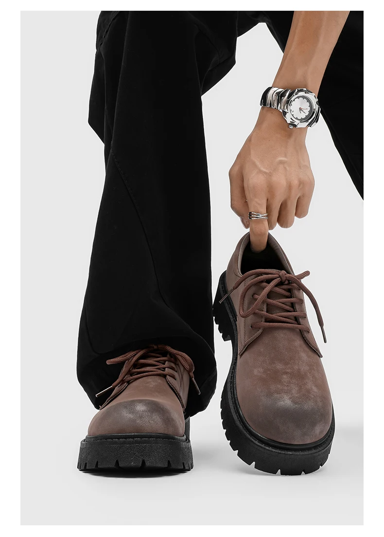 English-style Retro Platform High-top Derby Shoes for Men, Adding Height with American-style Workwear Leather Shoes