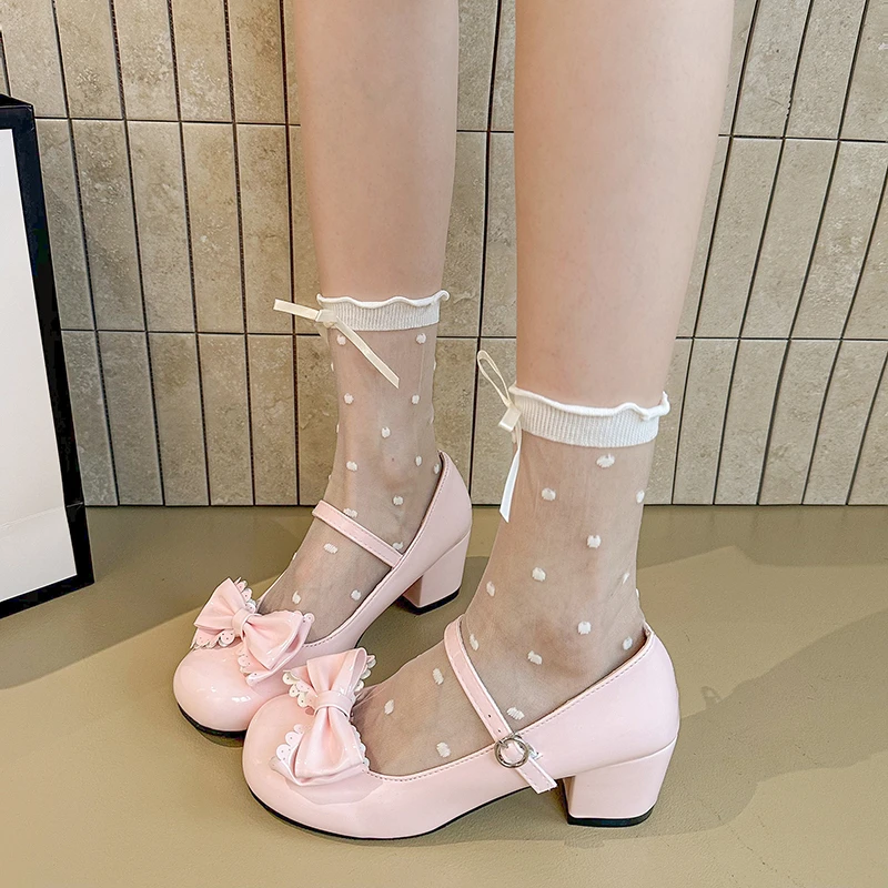 Plus Size Mary Jane Single Shoes Summer New Round Toe Open Toe Bow Slip Strap Anti-Slip Wear-Resistant Square Heel Shoes