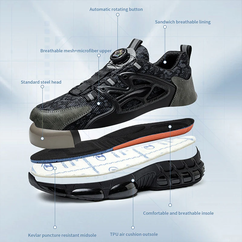 New Rotating Button Safety Shoes Men Anti-smash Anti-puncture Work Shoes Fashion Men Sport Shoes Men Security Mining Boots