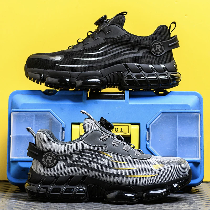 New Rotating Button Safety Shoes Men Anti-smash Anti-puncture Work Shoes Fashion Men Sport Shoes Men Security Mining Boots