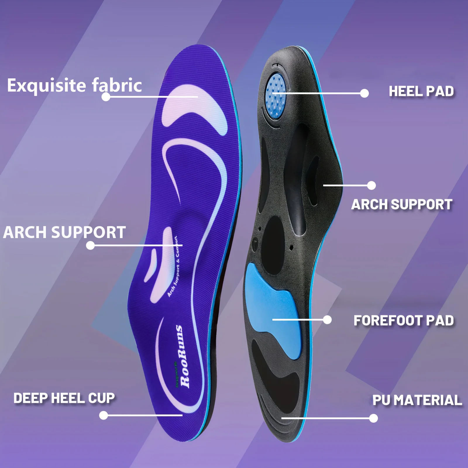 RooRuns Orthotic Insoles, Plantar Fasciitis Relief, Arch Support Insoles for Women & Men, Flat Feet Shoe Inserts for Sports