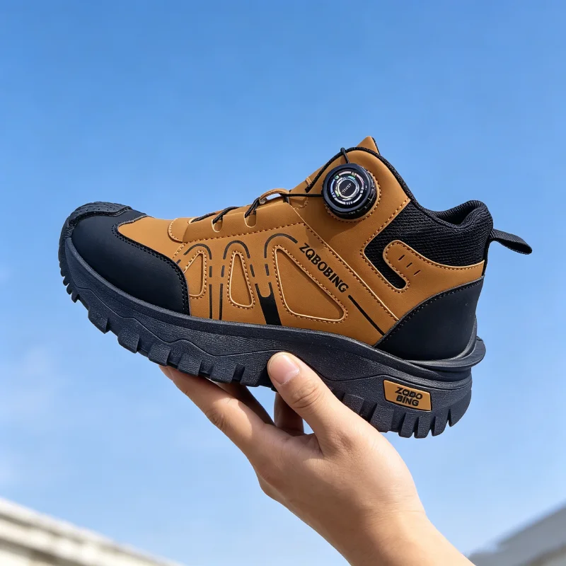 35-48 Large Size Fashionable Rotary Buckle High-Top Work Shoes for Men, Color-Blocking Retro Thick-Soled Non-Slip Outdoor Hiking Versatile Casual Sports Trekking Men's Boots