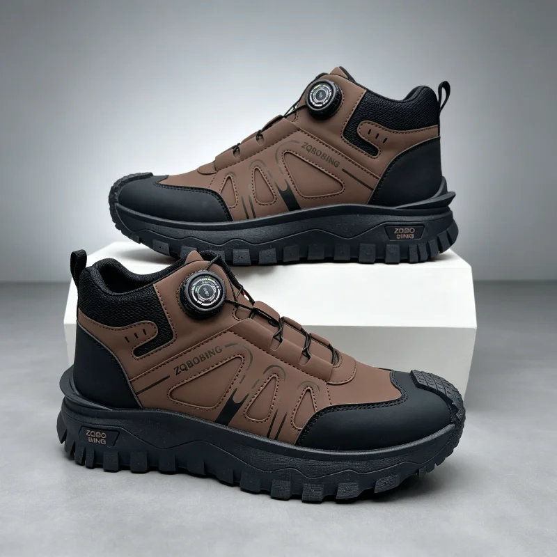 35-48 Large Size Fashionable Rotary Buckle High-Top Work Shoes for Men, Color-Blocking Retro Thick-Soled Non-Slip Outdoor Hiking Versatile Casual Sports Trekking Men's Boots