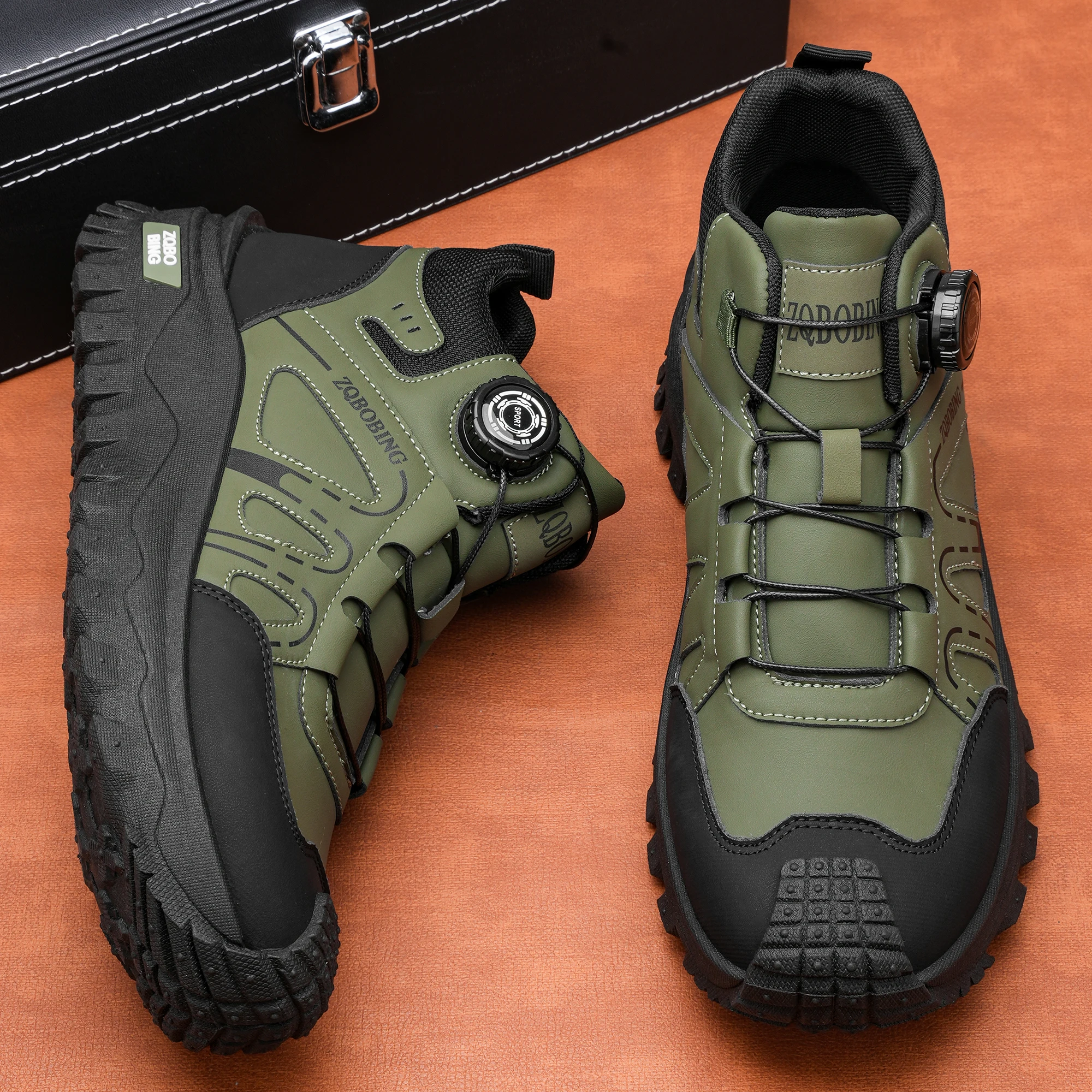 35-48 Large Size Fashionable Rotary Buckle High-Top Work Shoes for Men, Color-Blocking Retro Thick-Soled Non-Slip Outdoor Hiking Versatile Casual Sports Trekking Men's Boots