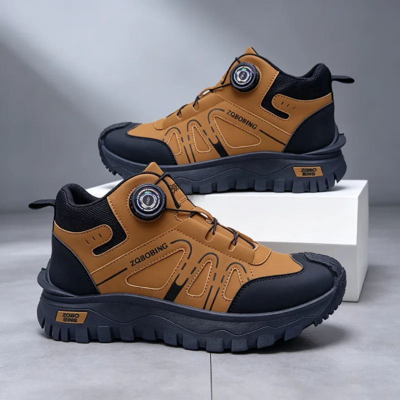 35-48 Large Size Fashionable Rotary Buckle High-Top Work Shoes for Men, Color-Blocking Retro Thick-Soled Non-Slip Outdoor Hiking Versatile Casual Sports Trekking Men's Boots
