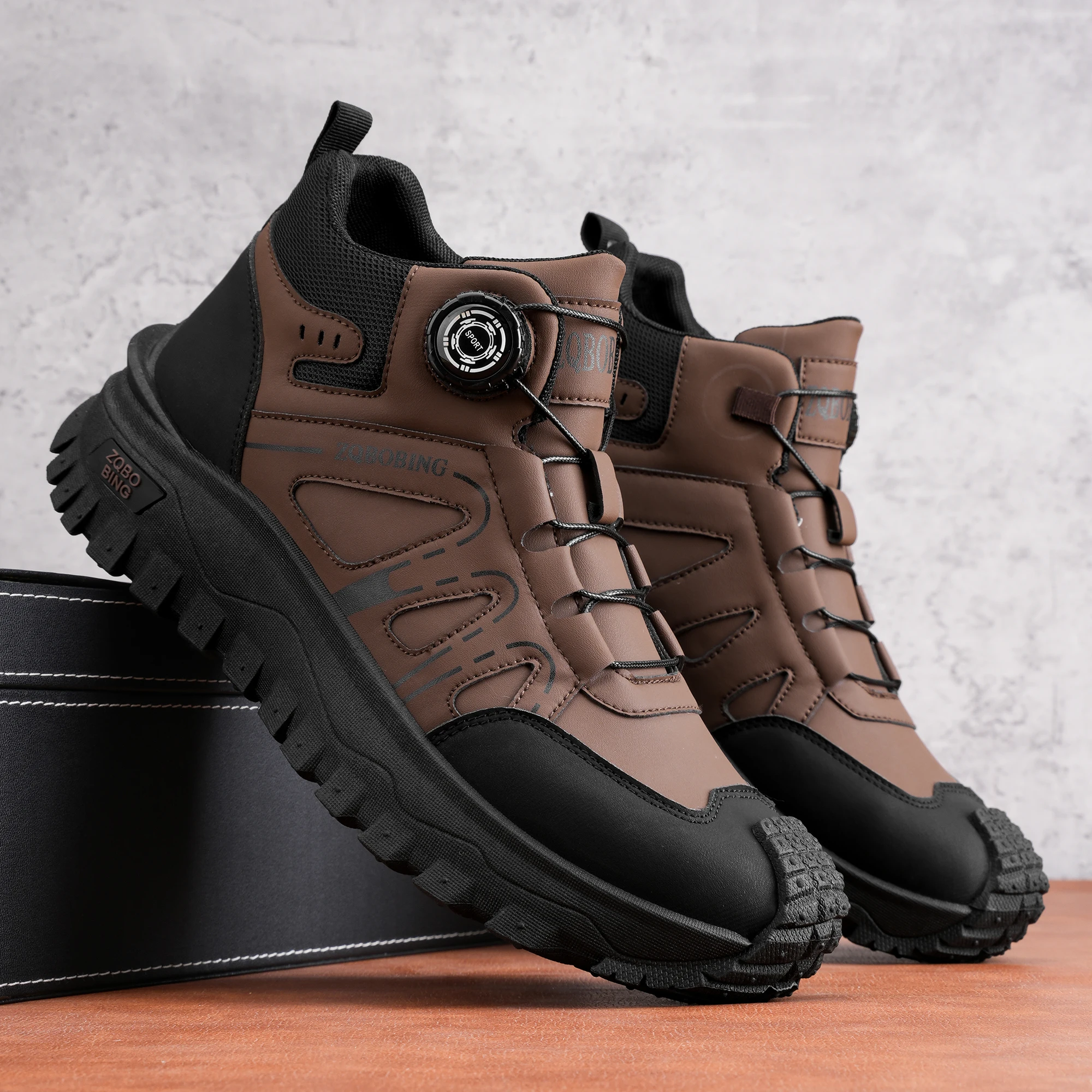 35-48 Large Size Fashionable Rotary Buckle High-Top Work Shoes for Men, Color-Blocking Retro Thick-Soled Non-Slip Outdoor Hiking Versatile Casual Sports Trekking Men's Boots