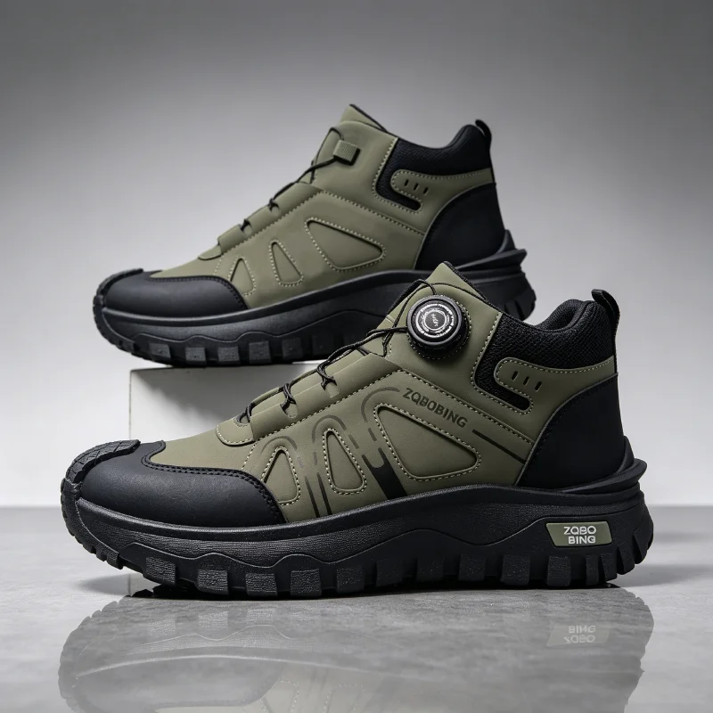 35-48 Large Size Fashionable Rotary Buckle High-Top Work Shoes for Men, Color-Blocking Retro Thick-Soled Non-Slip Outdoor Hiking Versatile Casual Sports Trekking Men's Boots
