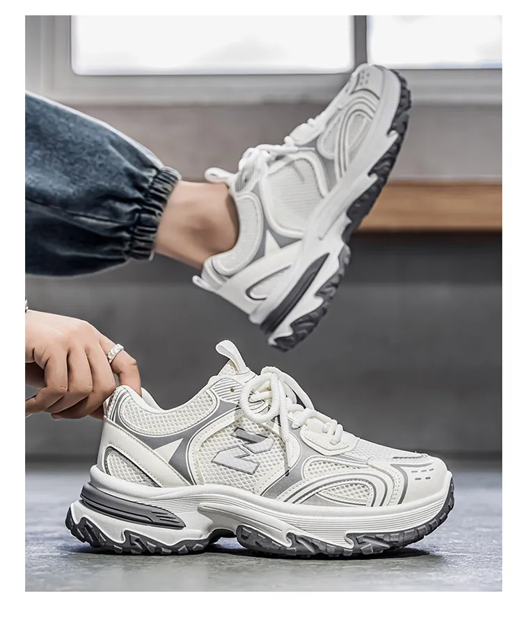 Men Gradient Silver Chunky Sneakers Mesh Breathable Platform Shoes Non Slip Thick Sole Casual Walking Footwear 2 Colors