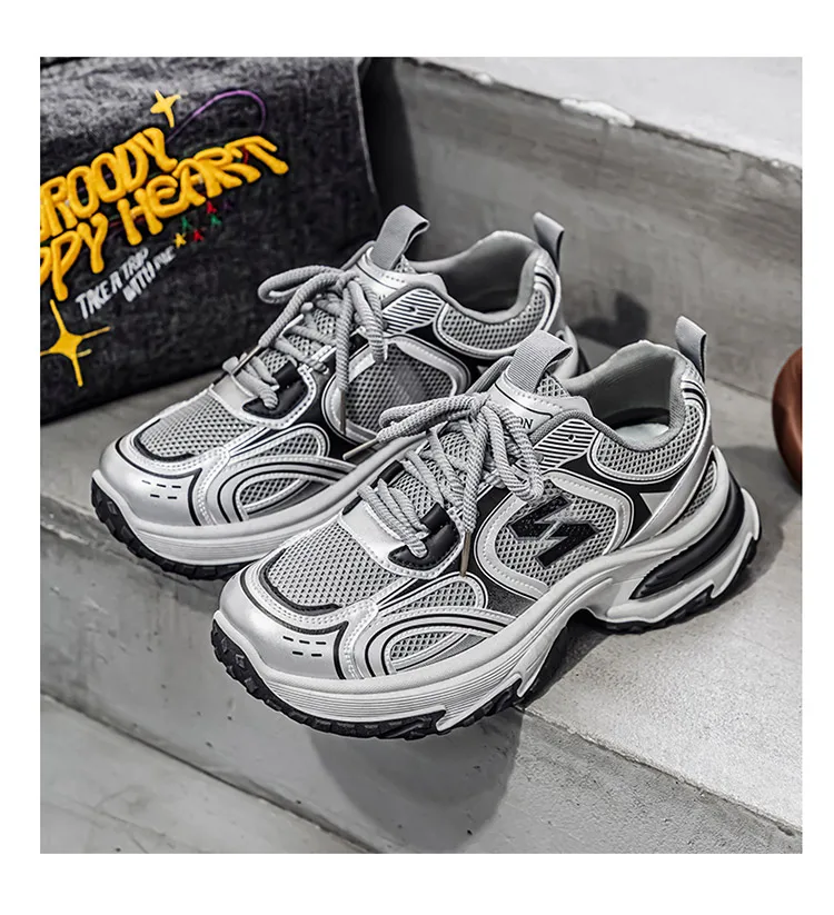 Men Gradient Silver Chunky Sneakers Mesh Breathable Platform Shoes Non Slip Thick Sole Casual Walking Footwear 2 Colors