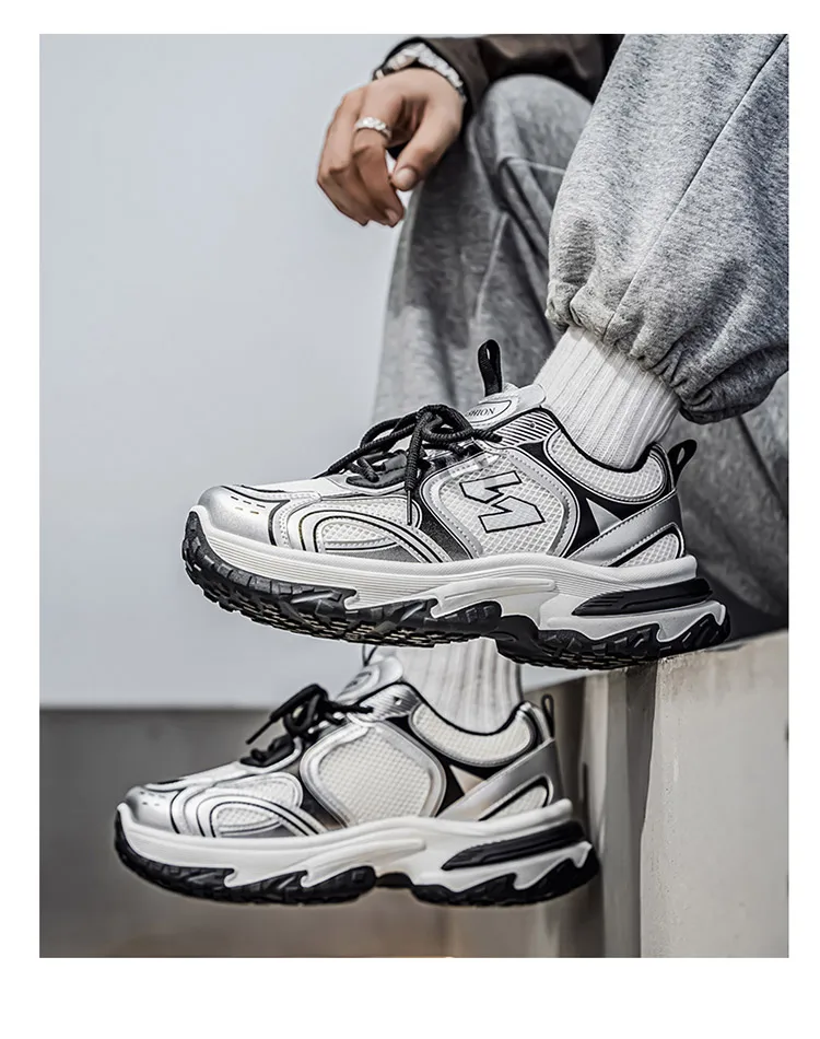 Men Gradient Silver Chunky Sneakers Mesh Breathable Platform Shoes Non Slip Thick Sole Casual Walking Footwear 2 Colors