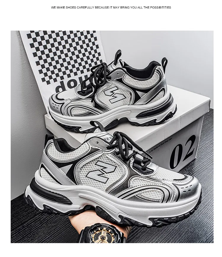 Men Gradient Silver Chunky Sneakers Mesh Breathable Platform Shoes Non Slip Thick Sole Casual Walking Footwear 2 Colors