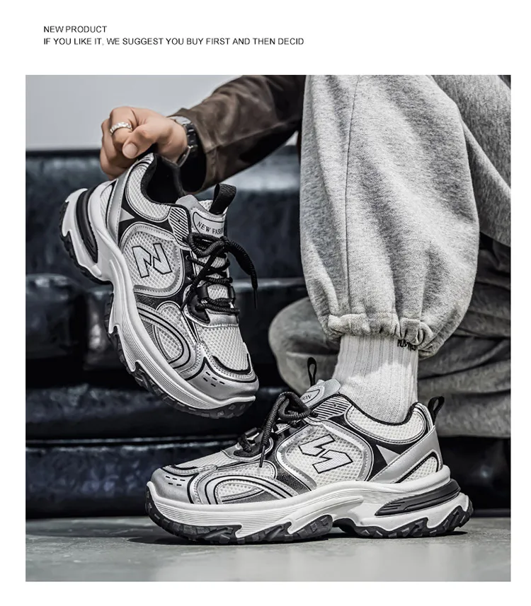 Men Gradient Silver Chunky Sneakers Mesh Breathable Platform Shoes Non Slip Thick Sole Casual Walking Footwear 2 Colors