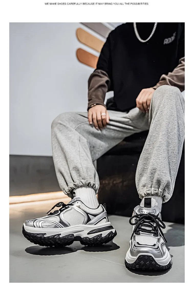 Men Gradient Silver Chunky Sneakers Mesh Breathable Platform Shoes Non Slip Thick Sole Casual Walking Footwear 2 Colors