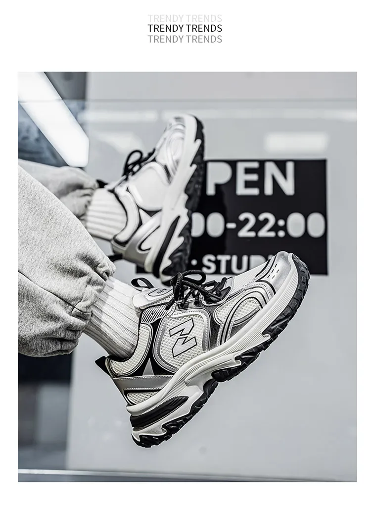 Men Gradient Silver Chunky Sneakers Mesh Breathable Platform Shoes Non Slip Thick Sole Casual Walking Footwear 2 Colors
