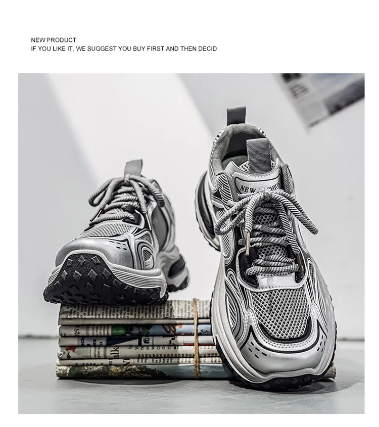 Men Gradient Silver Chunky Sneakers Mesh Breathable Platform Shoes Non Slip Thick Sole Casual Walking Footwear 2 Colors