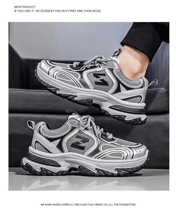 Men Gradient Silver Chunky Sneakers Mesh Breathable Platform Shoes Non Slip Thick Sole Casual Walking Footwear 2 Colors
