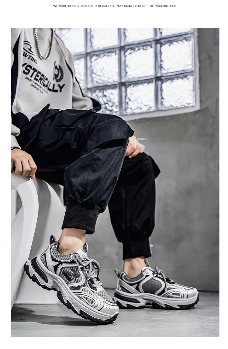 Men Gradient Silver Chunky Sneakers Mesh Breathable Platform Shoes Non Slip Thick Sole Casual Walking Footwear 2 Colors