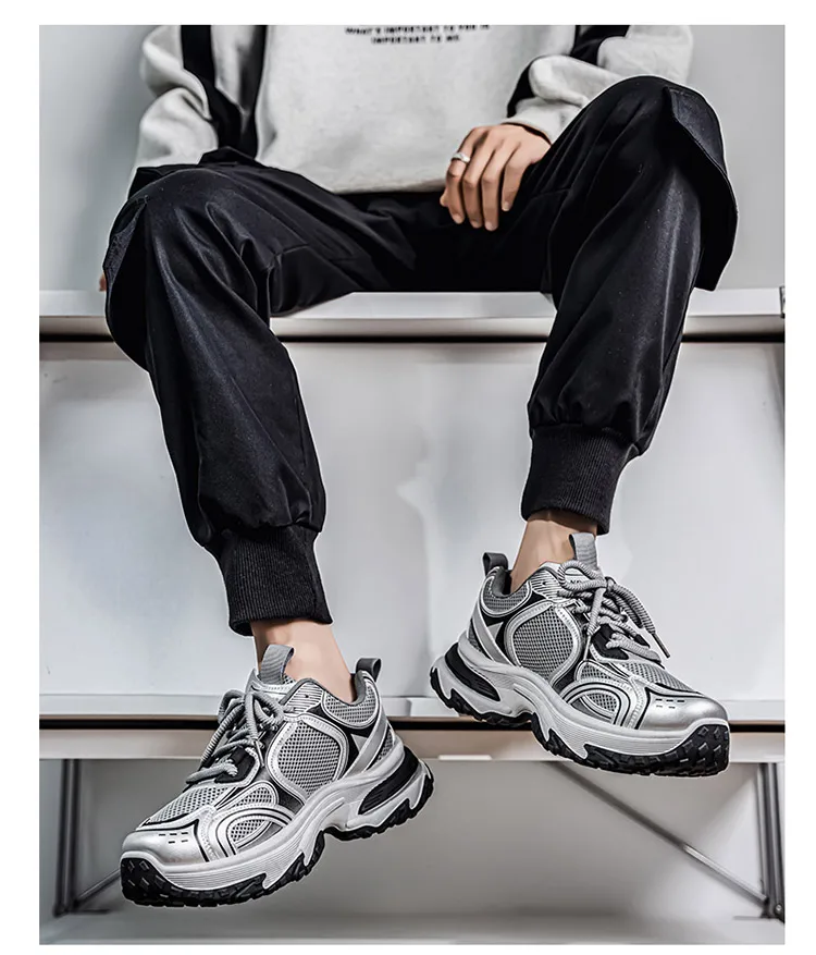 Men Gradient Silver Chunky Sneakers Mesh Breathable Platform Shoes Non Slip Thick Sole Casual Walking Footwear 2 Colors