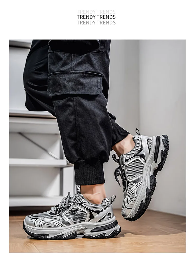 Men Gradient Silver Chunky Sneakers Mesh Breathable Platform Shoes Non Slip Thick Sole Casual Walking Footwear 2 Colors