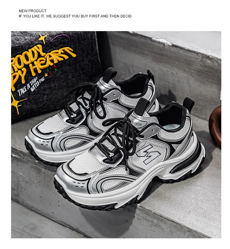 Men Gradient Silver Chunky Sneakers Mesh Breathable Platform Shoes Non Slip Thick Sole Casual Walking Footwear 2 Colors