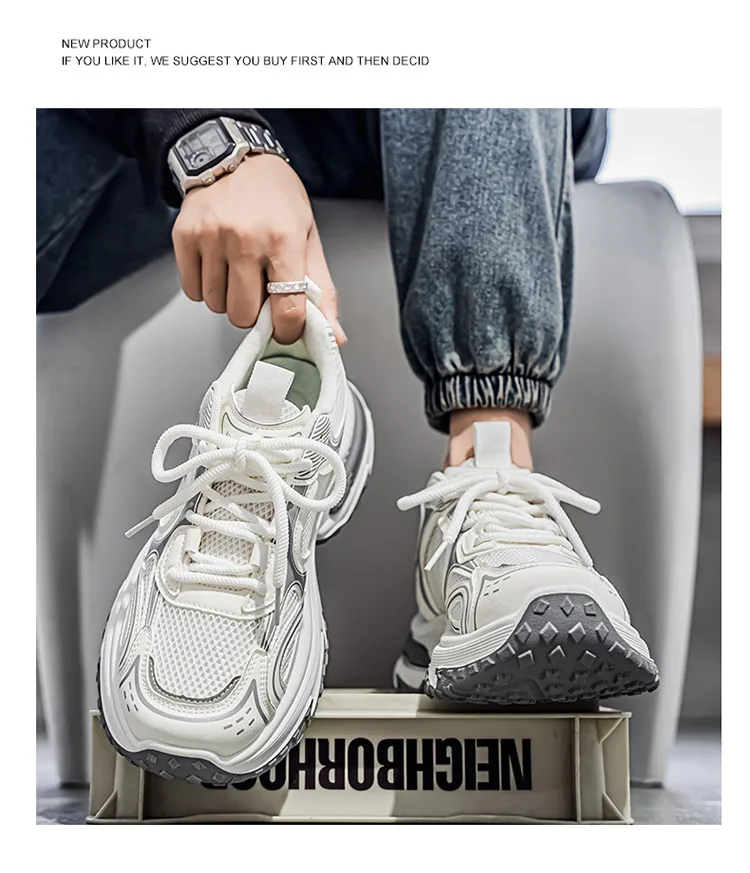 Men Gradient Silver Chunky Sneakers Mesh Breathable Platform Shoes Non Slip Thick Sole Casual Walking Footwear 2 Colors
