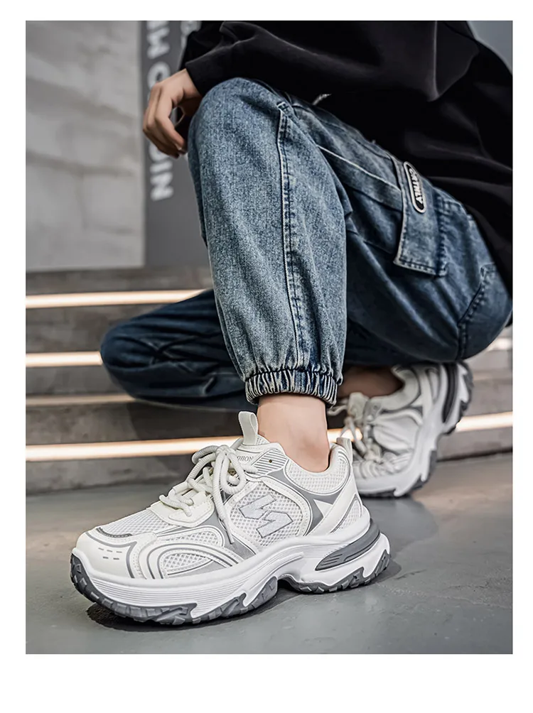 Men Gradient Silver Chunky Sneakers Mesh Breathable Platform Shoes Non Slip Thick Sole Casual Walking Footwear 2 Colors
